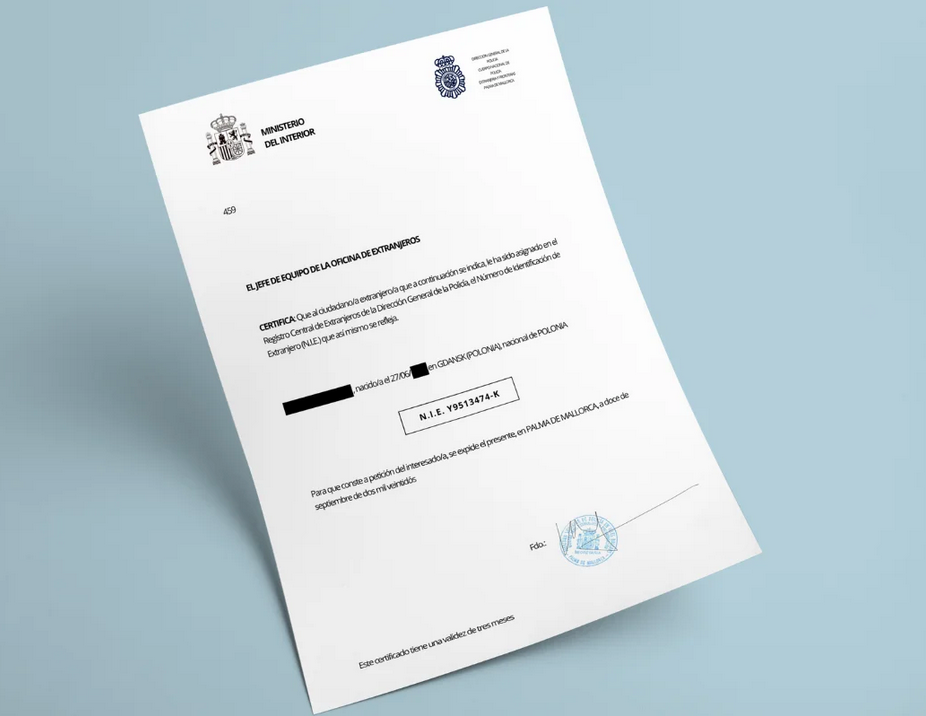 Get Your NIE in Spain example of a NIE number 