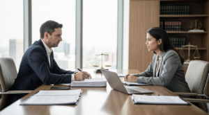 In a modern law office, two professionals are engaged in a consultation, intently reviewing documents related to obtaining Spanish citizenship and dual nationality. The atmosphere is focused and collaborative, reflecting the importance of legal guidance in navigating the complexities of Spanish nationality laws. Dual Nationality Spain