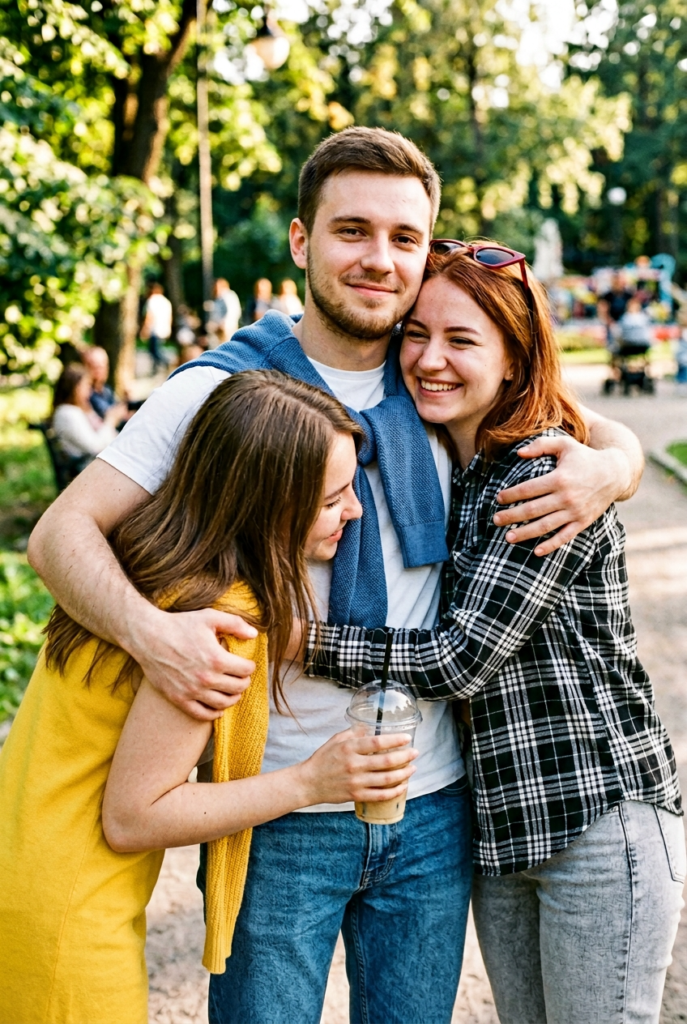 Friendly outdoor group hug with three young adults 1775158456084 1