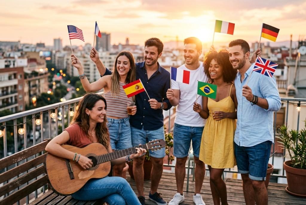 Group of six young adults gathered on rooftop or t 1775159048604