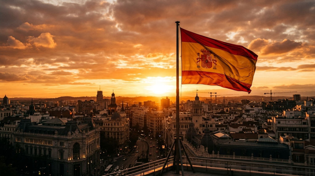 Large Spanish flag prominently displayed on tall f 1775157214948 1