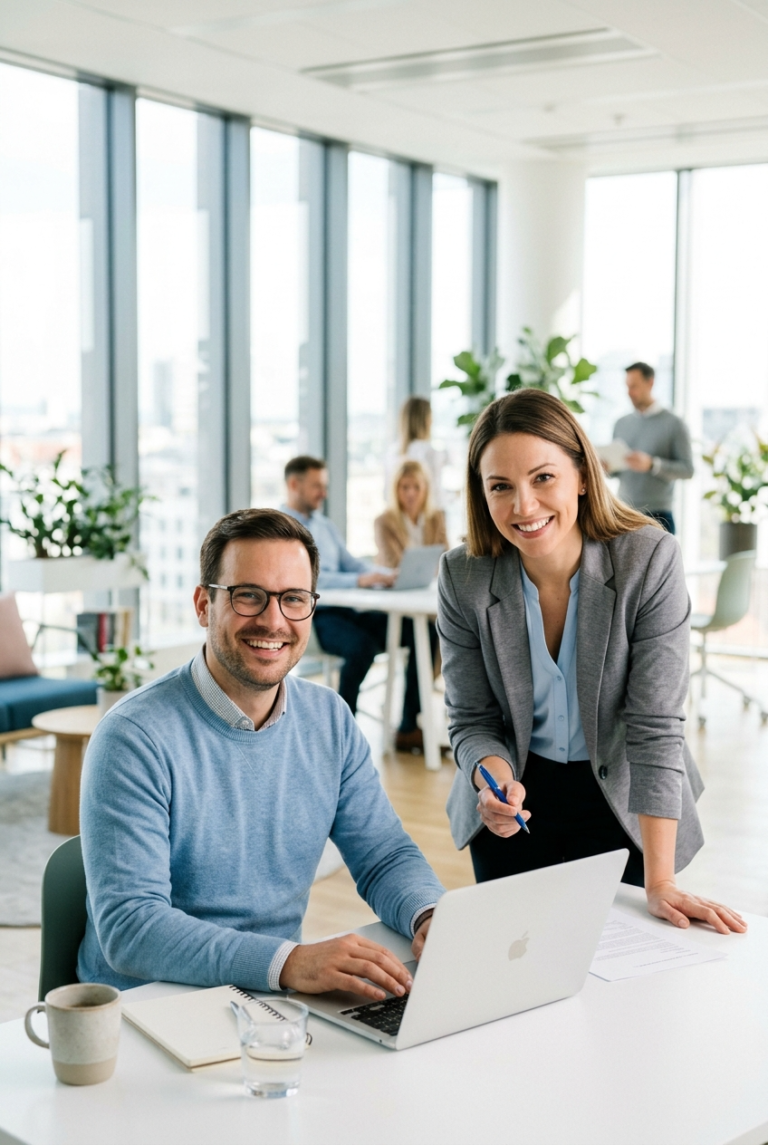 Smiling business office scene with two people in f 1775157706603