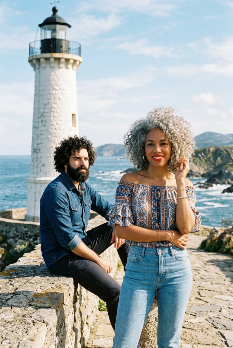 Stylish couple posing outdoors near lighthouse arr 1775158163258