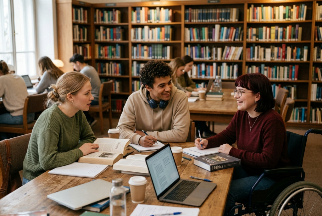 Three students or young adults seated around table 1775160736898 1