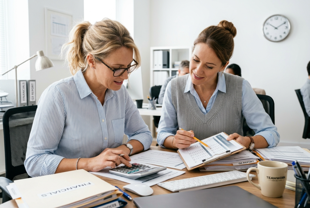 Two adult women seated closely together at office 1775160301009