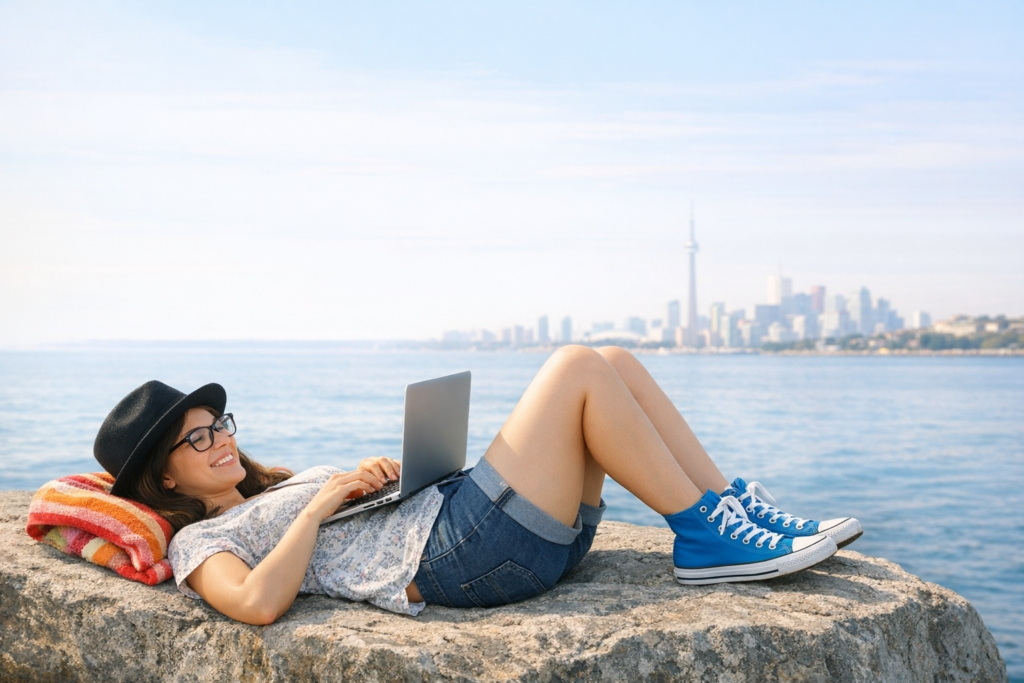 Woman lying on back on large rock by waterfront us 1775156604540