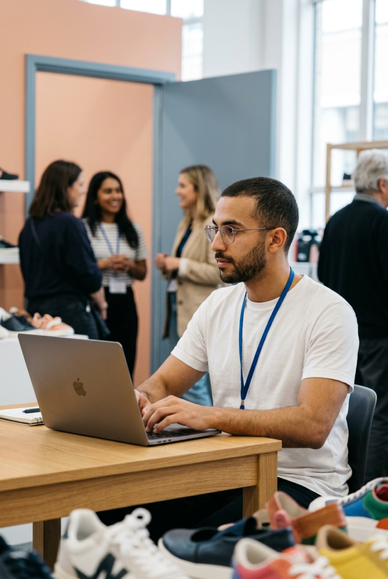 Young adult man seated at table using laptop posit 1775160298264