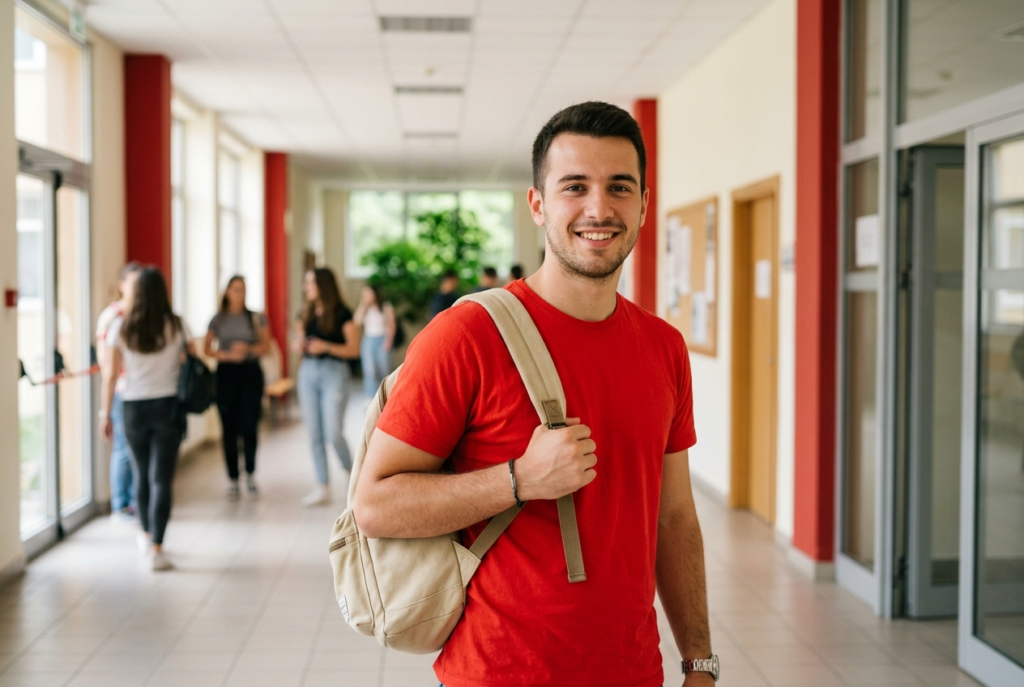 Young adult man standing in corridor or hallway po 1775158770411