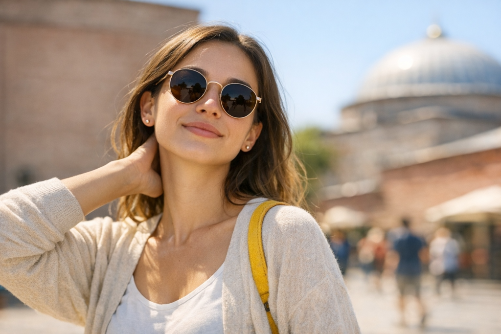 Young woman in outdoor tourist plaza area positio 1775158876657