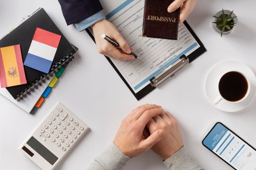 visa application composition with france spain flag